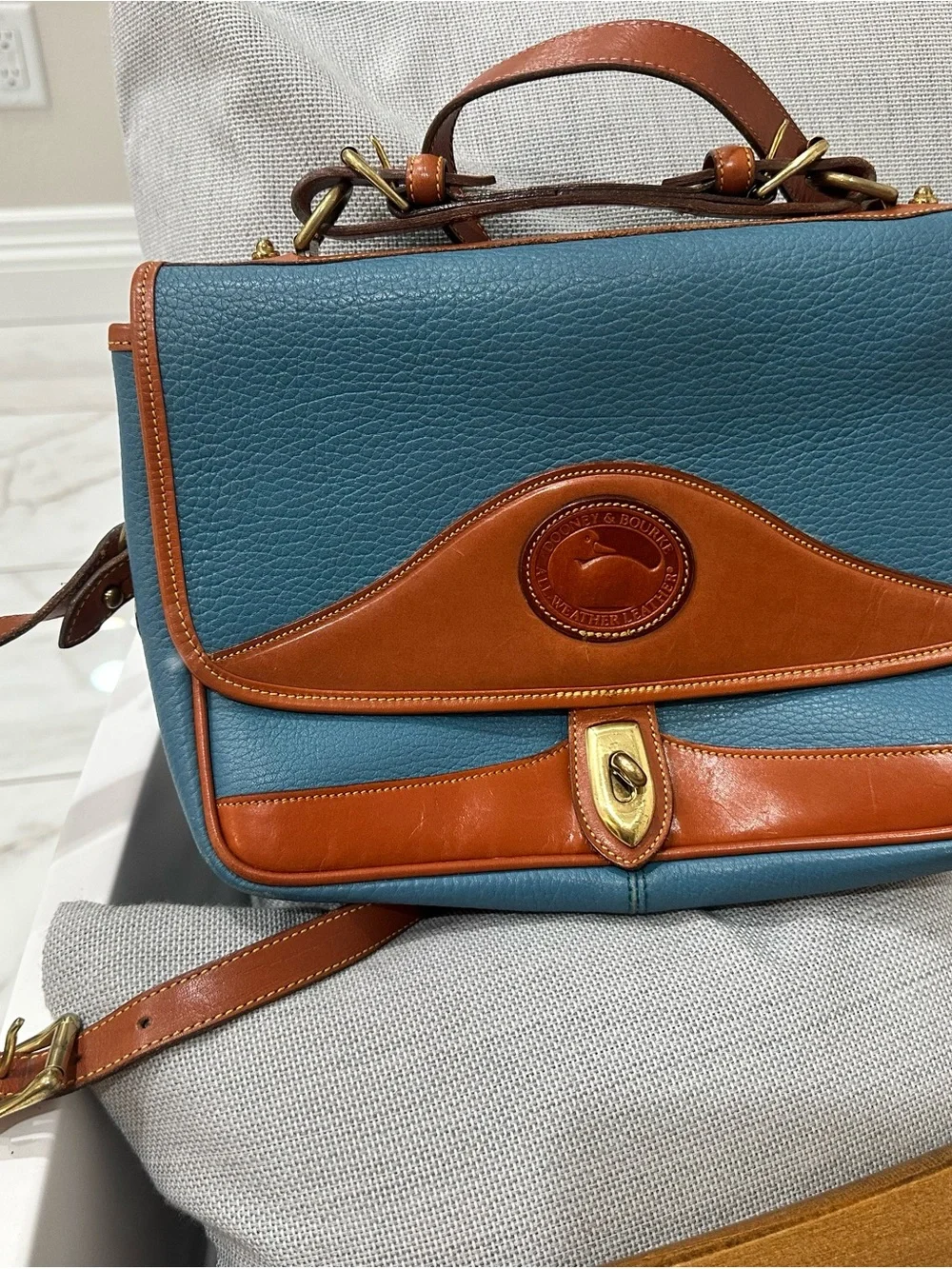 Dooney & Bourke Blue and Brown Vintage Leather Satchel - Picture 1 of 7